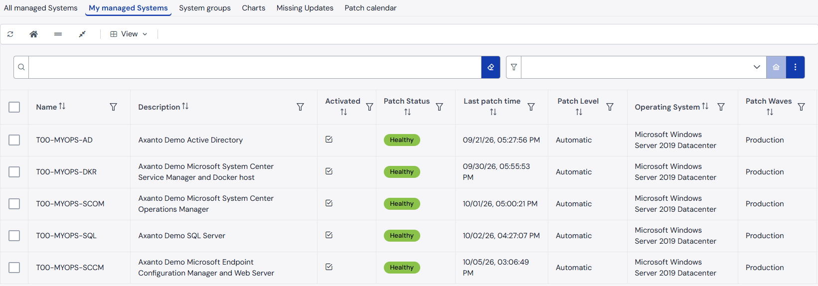 Axanto Patch Manager: verwaltete Systeme mit Patch-Status, letztem Patch-Zeitpunkt und Wave