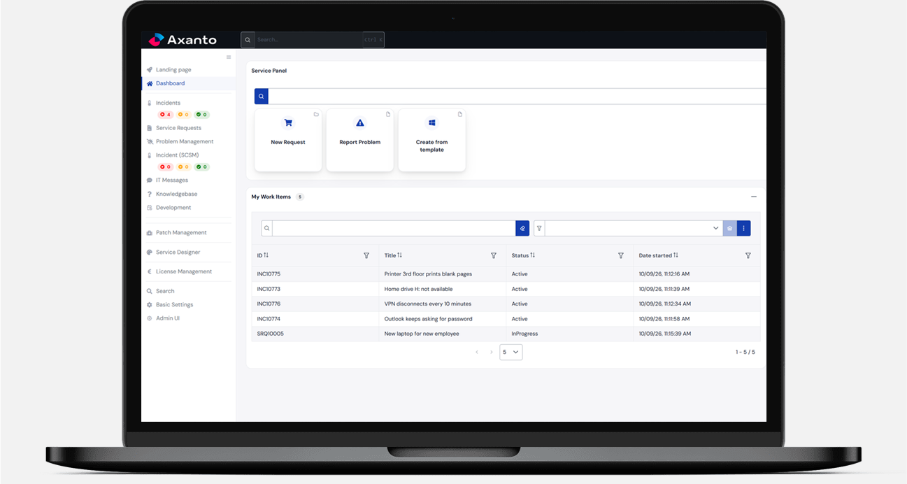 Axanto Portal dashboard with service panel and work items
