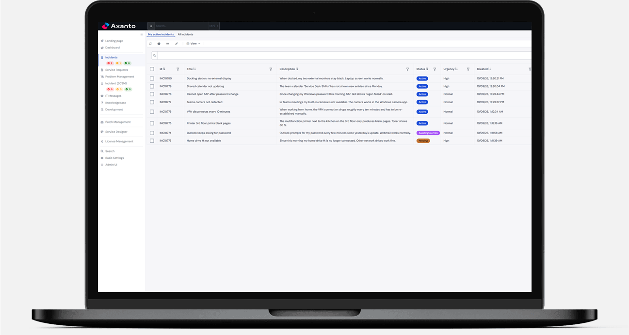 Axanto Portal incident list with status and urgency