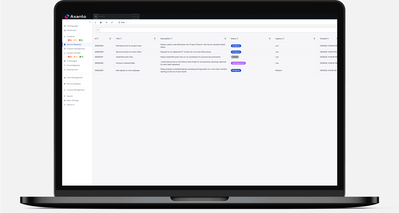 Axanto Portal service request list with status and urgency